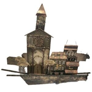 Curtis Jere Signed Village Town Brass Wall Art Sculpture Vintage Brutalist MCM